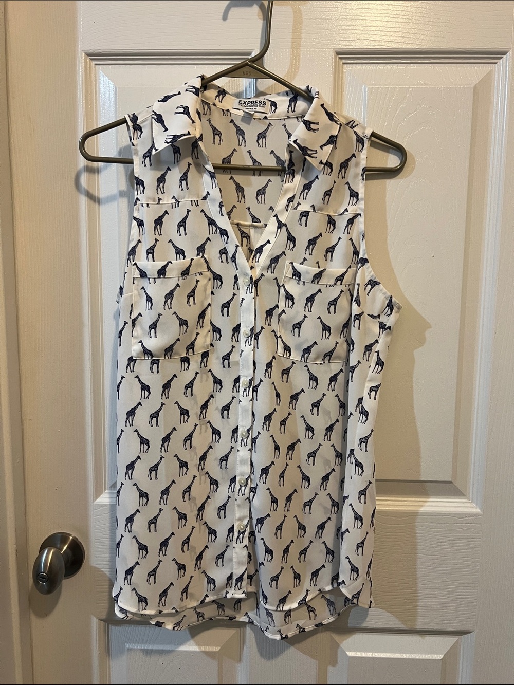 Express White Sleeveless Button-Front Top with Navy Giraffe Print
